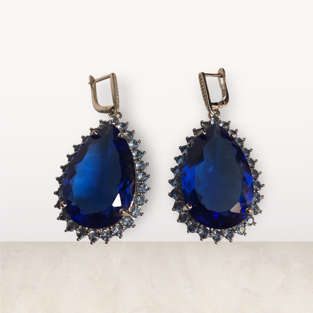 Luxury Oversized Simulated Blue Tanzanite Sterling Silver Earrings